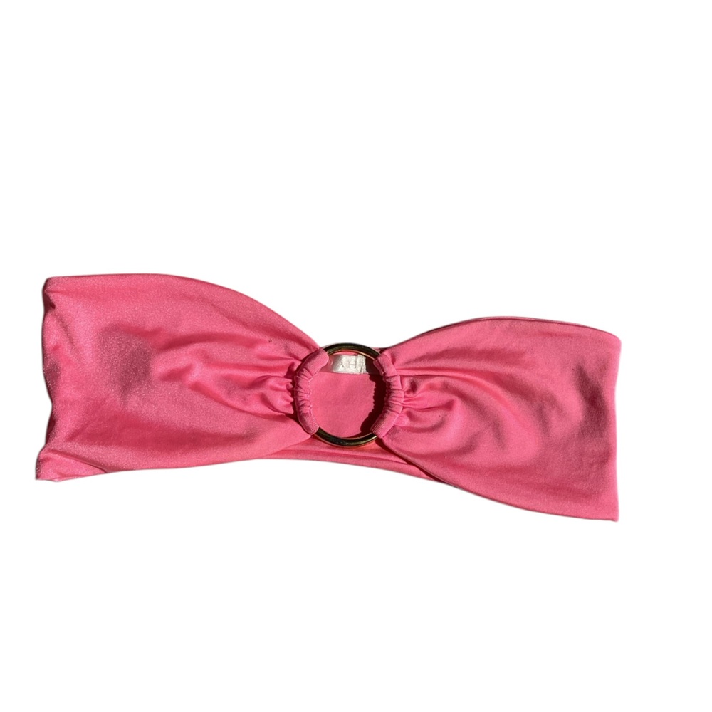 Indah strapless bathing suit top with gold ring neon pink 80s